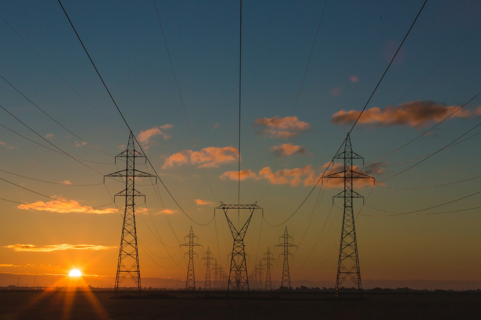 Power transmission lines at dusk